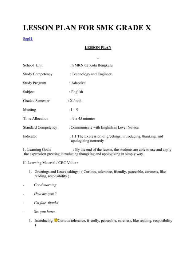 Lesson plan for smk grade x | DOCX | Educational Assessment | Education