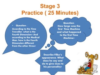 Stage 3
Practice ( 25 Minutes)
• Question :
According to the Time
Traveller, what is the
Fourth Dimension? And
according to the Medical
Man, how is the Fourth
Dimension different
from the other three?
Question:
How large was the
first Time Machine
and what happened
to the first Time
Machine?
Describe Filby’s
appearance. What
does he say and
do to give clues to
his personality?
 