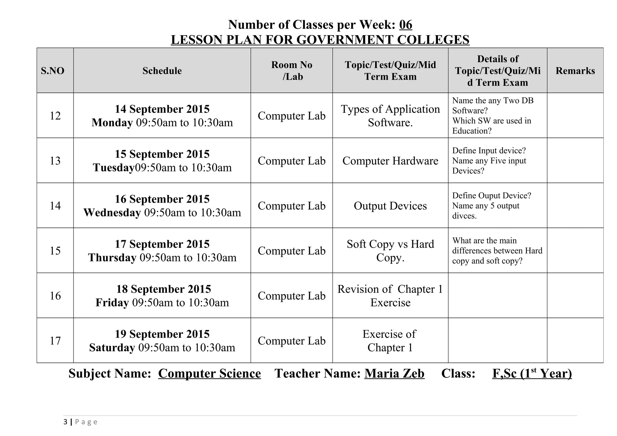 Number of Classes per Week: 06
LESSON PLAN FOR GOVERNMENT COLLEGES
Subject Name: Computer Science Teacher Name: Maria Zeb Class: F,Sc (1st
Year)
3 | P a g e
S.NO Schedule
Room No
/Lab
Topic/Test/Quiz/Mid
Term Exam
Details of
Topic/Test/Quiz/Mi
d Term Exam
Remarks
12
14 September 2015
Monday 09:50am to 10:30am
Computer Lab
Types of Application
Software.
Name the any Two DB
Software?
Which SW are used in
Education?
13
15 September 2015
Tuesday09:50am to 10:30am
Computer Lab Computer Hardware
Define Input device?
Name any Five input
Devices?
14
16 September 2015
Wednesday 09:50am to 10:30am
Computer Lab Output Devices
Define Ouput Device?
Name any 5 output
divces.
15
17 September 2015
Thursday 09:50am to 10:30am
Computer Lab
Soft Copy vs Hard
Copy.
What are the main
differences between Hard
copy and soft copy?
16
18 September 2015
Friday 09:50am to 10:30am
Computer Lab
Revision of Chapter 1
Exercise
17
19 September 2015
Saturday 09:50am to 10:30am
Computer Lab
Exercise of
Chapter 1
 
