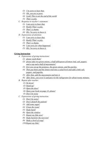 (2) I’m sorry to hear that. 
(3) Oh, you are so poor. 
(4) Look! This is not the end of the world 
(5) That’s a pity. 
C. Response to teacher’s statement: 
(1) I am sorry to hear that. 
(2) Really?That’s a pity. 
(3) That’s a shame. 
(4) Oh, I’m sorry to know it. 
D. Expressions of attention: 
(1) I am sorry to hear that. 
(2) Really?That’s a pity. 
(3) That’s a shame. 
(4) I am sorry for what happened. 
(5) Oh, I’m sorry to know it. 
Giving Instruction 
A. Expressions of giving instructions: 
(1) please wash them! 
(2) please take two green onions, a half tablespoon of lemon rind, salt, pepper, 
and a cup and a half of mayonnaise! 
(3) first you cut up the potatoes, the green onions, and the parsley. 
(4) Then put them and the lemon rind into a salad bowl and add a little salt, 
pepper, and paprika. 
(5) After that, add the mayonnaise and mix it. 
(6) After done, you cover it and put it in the refrigerator for about twenty minutes. 
B. Repeat after teacher: 
(1) Sit down! 
(2) Stand up! 
(3) Open the door! 
(4) Open your book on page 12, please! 
(5) Don’t be noisy 
C. Expressions of giving instruction: 
(1) Don’t be noisy! 
(2) Don’t disturb the patient! 
(3) Add some sugar! 
(4) Clean the room! 
(5) Study hard! 
(6) Open the window 
(7) Repair my bike now! 
(8) Study hard for the next test! 
(9) Make a bowl of soup! 
(10) Repair my bike! 
 