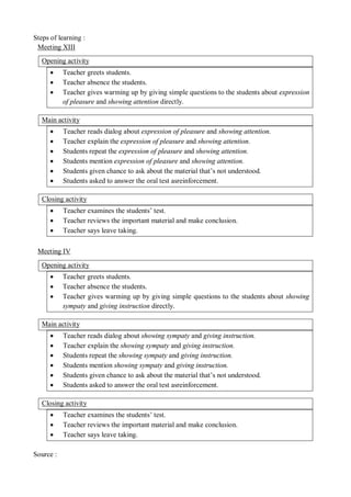 Steps of learning : 
Meeting XIII 
Opening activity 
 Teacher greets students. 
 Teacher absence the students. 
 Teacher gives warming up by giving simple questions to the students about expression 
of pleasure and showing attention directly. 
Main activity 
 Teacher reads dialog about expression of pleasure and showing attention. 
 Teacher explain the expression of pleasure and showing attention. 
 Students repeat the expression of pleasure and showing attention. 
 Students mention expression of pleasure and showing attention. 
 Students given chance to ask about the material that’s not understood. 
 Students asked to answer the oral test asreinforcement. 
Closing activity 
 Teacher examines the students’ test. 
 Teacher reviews the important material and make conclusion. 
 Teacher says leave taking. 
Meeting IV 
Opening activity 
 Teacher greets students. 
 Teacher absence the students. 
 Teacher gives warming up by giving simple questions to the students about showing 
sympaty and giving instruction directly. 
Main activity 
 Teacher reads dialog about showing sympaty and giving instruction. 
 Teacher explain the showing sympaty and giving instruction. 
 Students repeat the showing sympaty and giving instruction. 
 Students mention showing sympaty and giving instruction. 
 Students given chance to ask about the material that’s not understood. 
 Students asked to answer the oral test asreinforcement. 
Closing activity 
 Teacher examines the students’ test. 
 Teacher reviews the important material and make conclusion. 
 Teacher says leave taking. 
Source : 
 