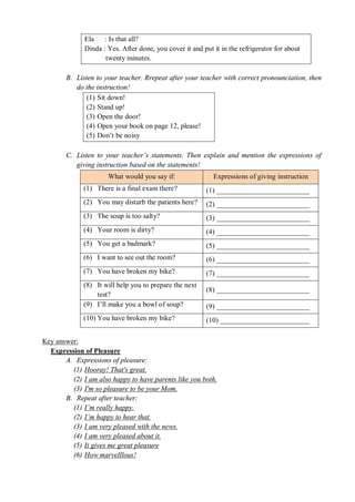 Ela : Is that all? 
Dinda : Yes. After done, you cover it and put it in the refrigerator for about 
twenty minutes. 
B. Listen to your teacher. Rrepeat after your teacher with correct pronounciation, then 
do the instruction! 
(1) Sit down! 
(2) Stand up! 
(3) Open the door! 
(4) Open your book on page 12, please! 
(5) Don’t be noisy 
C. Listen to your teacher’s statements. Then explain and mention the expressions of 
giving instruction based on the statements! 
What would you say if: Expressions of giving instruction 
(1) There is a final exam there? (1) __________________________ 
(2) You may disturb the patients here? (2) __________________________ 
(3) The soup is too salty? (3) __________________________ 
(4) Your room is dirty? (4) __________________________ 
(5) You get a badmark? (5) __________________________ 
(6) I want to see out the room? (6) __________________________ 
(7) You have broken my bike? (7) __________________________ 
(8) It will help you to prepare the next 
test? 
(8) __________________________ 
(9) I’ll make you a bowl of soup? (9) __________________________ 
(10) You have broken my bike? (10) _________________________ 
Key answer: 
Expression of Pleasure 
A. Expressions of pleasure: 
(1) Hooray! That's great. 
(2) I am also happy to have parents like you both. 
(3) I'm so pleasure to be your Mom. 
B. Repeat after teacher: 
(1) I’m really happy. 
(2) I’m happy to hear that. 
(3) I am very pleased with the news. 
(4) I am very pleased about it. 
(5) It gives me great pleasure 
(6) How marvelllous! 
 