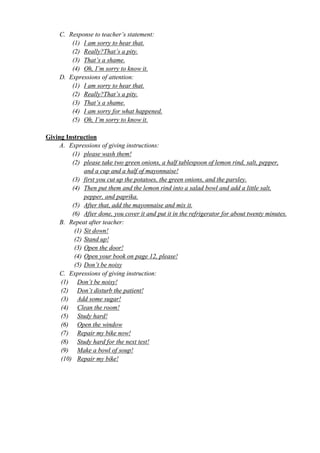 C. Response to teacher’s statement: 
(1) I am sorry to hear that. 
(2) Really?That’s a pity. 
(3) That’s a shame. 
(4) Oh, I’m sorry to know it. 
D. Expressions of attention: 
(1) I am sorry to hear that. 
(2) Really?That’s a pity. 
(3) That’s a shame. 
(4) I am sorry for what happened. 
(5) Oh, I’m sorry to know it. 
Giving Instruction 
A. Expressions of giving instructions: 
(1) please wash them! 
(2) please take two green onions, a half tablespoon of lemon rind, salt, pepper, 
and a cup and a half of mayonnaise! 
(3) first you cut up the potatoes, the green onions, and the parsley. 
(4) Then put them and the lemon rind into a salad bowl and add a little salt, 
pepper, and paprika. 
(5) After that, add the mayonnaise and mix it. 
(6) After done, you cover it and put it in the refrigerator for about twenty minutes. 
B. Repeat after teacher: 
(1) Sit down! 
(2) Stand up! 
(3) Open the door! 
(4) Open your book on page 12, please! 
(5) Don’t be noisy 
C. Expressions of giving instruction: 
(1) Don’t be noisy! 
(2) Don’t disturb the patient! 
(3) Add some sugar! 
(4) Clean the room! 
(5) Study hard! 
(6) Open the window 
(7) Repair my bike now! 
(8) Study hard for the next test! 
(9) Make a bowl of soup! 
(10) Repair my bike! 
 