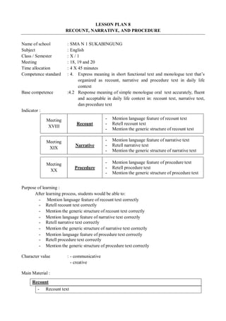 LESSON PLAN 8 
RECOUNT, NARRATIVE, AND PROCEDURE 
Name of school : SMA N 1 SUKABINGUNG 
Subject : English 
Class / Semester : X / 1 
Meeting : 18, 19 and 20 
Time allocation : 4 X 45 minutes 
Competence standard : 4. Express meaning in short functional text and monologue text that’s 
organized as recount, narrative and procedure text in daily life 
context 
Base competence :4.2 Response meaning of simple monologue oral text accurately, fluent 
and acceptable in daily life context in: recount text, narrative text, 
dan procedure text 
Indicator : 
Meeting 
XVIII Recount 
- Mention language feature of recount text 
- Retell recount text 
- Mention the generic structure of recount text 
Meeting 
XIX Narrative 
- Mention language feature of narrative text 
- Retell narrative text 
- Mention the generic structure of narrative text 
Meeting 
XX Procedure 
- Mention language feature of procedure text 
- Retell procedure text 
- Mention the generic structure of procedure text 
Purpose of learning : 
After learning process, students would be able to: 
- Mention language feature of recount text correctly 
- Retell recount text correctly 
- Mention the generic structure of recount text correctly 
- Mention language feature of narrative text correctly 
- Retell narrative text correctly 
- Mention the generic structure of narrative text correctly 
- Mention language feature of procedure text correctly 
- Retell procedure text correctly 
- Mention the generic structure of procedure text correctly 
Character value : - communicative 
- creative 
Main Material : 
Recount 
- Recount text 
 