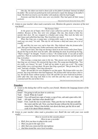One day, the eldest son tried to shoot a fly on his father's forehead. Instead, he killed 
his father. The second son picked up his tools and tried to repair the damage to his father's 
head. The third son tried to cure his father with medicine which he had bought. 
Everyone said that the three sons were very foolish. They had spent all their money 
uselessly. 
Taken from Favourite Stories from Taiwan, 2000 
C. Listen to your teacher when read a narrative text. Mention the generic structure of the text 
you heard! 
The Fortune Teller 
In the great city of Taipei, there lived a man called Lin and his wife. They had no 
children. Because of this, they were very unhappy. One day, they found a baby boy 
outside their door. He was wrapped in a blanket and crying. They took the baby into 
their house and called him Sau Ling. They loved him very much. 
When Sau Ling was a young man, a fortune-teller came to the house. "You must 
send your son away," he said. "One day he will become a thief and cause you a lot of 
trouble." 
Mr and Mrs Lin were very sad to hear this. They believed what the fortune-teller 
said. They gave Sau Ling some clothes and money and sent him away. 
Several years later, Sau Ling was having a meal in an inn several miles from Taipei. 
He put his bag on the floor near his table. After finishing his meal, he picked up his bag. 
"That's strange!" he thought, "It feels so heavy." He looked inside. It was full of small 
gold bars. Then he realised that someone had taken his bag by mistake and left another 
bag, in its place. 
That evening, a young man came to the inn, "Has anyone seen my bag?" he asked. 
Sau Ling was very honest. He returned the bag to him. The young man thanked him. "You 
are really very honest," he said, "I shall ask my father to give you a job." The young 
man's father was a rich merchant. He gave Sau Ling a good job. "But go home first," he 
said, "and take a holiday." Sau Ling returned to 
Taipei. Mr and Mrs Lin were delighted to see him again. The fortune-teller was also 
present. Sau Ling told them what had happened. The fortune-teller did not know what to 
say. He left the house without saying a word. Mr and Mrs Lin never believed in fortune-teller 
after that. Sau Ling took them to live with him and they were very happy and 
contented until the end of their lives. 
Taken from Favourite Stories from Taiwan, 2000 
Procedure 
A. Listen to the dialog that will be read by your friends. Mention the language feature of the 
dialog! 
Ismail : I'm going to tell you how to cook rice. 
Yudi : Good. What do I need? 
Ismail : You will need two cups of water, a cup of rice, salt and a pan with a lid. 
Yudi : All right. And then what should I do? 
Ismail : First, wash the rice in cold water. Then, put the rice in the pan and add 
the water and the salt. Next, you heat the pan without the lid on until the 
water boils. When it has boiled, turn down the heat, put the lid on and 
cook it for about fifteen minutes. 
B. Listen to your teacher when read a procedure text. Retell the text with your own words 
orally! 
How to record on the cassette player 
/How to use a recorder 
o Well, first you have to plug in the cord. 
o Then you put in the tape on it. 
o After that you connected the microphone. 
o And then tested the voice level recorder. 
 