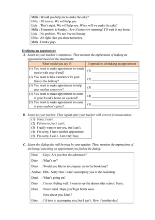 Milla : Would you help me to make the cake? 
Dilla : Of course. We will help you. 
Lida : That’s right. We will help you. When will we make the cake? 
Milla : Tomorrow is Sunday. How if tomorrow morning? I’ll wait in my home. 
Lida : No problem. We are free on Sunday. 
Dilla : All right. See you there tomorrow. 
Milla Thanks guys. 
Declining an appoinment 
A. Listen to your teacher’s statements. Then mention the expressions of making an 
appoinment based on the statements! 
What would you say if: Expressions of making an appoinment 
(1) You want to make appoinment to watch 
movie with your friend? 
(1) _____________________________ 
(2) You want to take vacation with your 
family this holiday? 
(2) _____________________________ 
(3) You want to make appoinment to help 
your mother tomorrow? 
(3) _____________________________ 
(4) You want to make appoinment to come 
to your friend’s home on weekend? 
(4) _____________________________ 
(5) You want to make appoinment to come 
to your nephew’s party? 
(5) _____________________________ 
B. Listen to your teacher. Then repeat after your teacher with correct pronounciation! 
(1) Sorry, I can’t. 
(2) I’d love to, but I can’t. 
(3) I really want to see you, but I can’t. 
(4) I’m sorry, I have another appoinment 
(5) I’m sorry, I can’t. I am very busy. 
C. Listen the dialog that will be read by your teacher. Then, mention the expressions of 
declining/ canceling an appoinment you find in the dialog! 
Doni : Guys. Are you free this afternoon? 
Dino : What’s up? 
Doni : Would you like to accompany me to the bookshop? 
Andika : Ohh.. Sorry Don. I can’t accompany you to the bookshop. 
Doni : What’s going on? 
Dino : I’m not feeling well. I want to see the doctor after school. Sorry. 
Doni : Never mind. Hope you’ll get better soon. 
How about you, Dino? 
Dino : I’d love to accompany you, but I can’t. How if another day? 
 