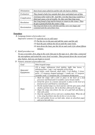 Orientation: there lived a man called Lin and his wife who had no children. 
Evaluation: They found a baby boy outside their door and taked care of him. 
Complication: A fortune-teller told to Mr. And Mrs. Lin that Sau Ling would be a 
thief and cause a lot of trouble. So, they sent Sau Ling away. 
Resolution: Sau Ling found a bag and be honest to return to the owner. Then 
he got a good job from the owner’s bag. 
Reorientation: 
Sau Ling took them to live with him and they were very happy and 
contented until the end of their lives. 
Procedure 
B. Language feature of procedure text 
Imperative sentence:(1) wash the rice in cold water 
(2) Put the rice in the pan and add the water and the salt. 
(3) heat the pan without the lid on until the water boils. 
(4) turn down the heat, put the lid on and cook it for about fifteen 
minutes. 
C. Retell procedure text 
To use a recorder, first, plug in the cord, then put in the tape on it. After that, connected 
the microphone and tested the voice level recorder. Then pressed down the record and 
play button. And you can begin to record. 
D. Generic structure of procedure text 
Goal Make bregedel tempe 
Materials/ 
Equipments: 
150 g tempe, tablespoons fried shallots, kaffir lime leaves, 1 
tablespoon flour, 1 egg, 1 cup vegetable oil for frying 
large chilies, seeds removed, small chilie, 2 red shallots, 2 cloves 
garlic, 1/2 teaspoon chopped galangal, 1 candle nut, 1/2 teaspoon 
coriander seeds, 1/2 teaspoon salt, 1/4 teaspoon shrimp paste 
Steps: 
1. Mash the tempe with a fork or place in the bowl of a food 
processor and blend until it resembles coarse bread crumbs. 
2. Grind the spices in a mortar and pestle or place in the bowl of a 
food processor and blend to a smooth paste. 
3. Put the mashed tempe in a bowl and mix with the spice paste, fried 
shallots and lime leaves. Stir in the flour, followed by the egg. 
4. Shape the tempe into fritters the size of a golf ball and flatten a 
little with a fork. 
5. Heat the vegetable oil in a wok over a medium flame. When the oil 
is hot, drop the fritters into the oil, five or six at a time. 
6. Fry until golden brown on both sides, drain on absorbent paper 
and serve hot with rice. 
 