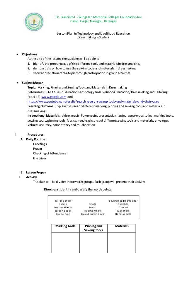 Semi Detailed Lesson Plan In Grade 7 Dressmaking Tools And