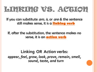 LINKING VS. ACTIONIf you can substitute am, is, or are & the sentence still makes sense, it is a linking verbIf, after the substitution, the sentence makes no sense, it is an action verbLinking  OR  Action verbs:appear, feel, grow, look, prove, remain, smell, sound, taste, and turn
