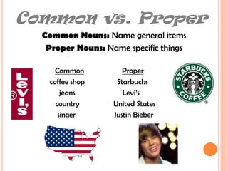 Common vs. ProperCommon Nouns: Name general itemsProper Nouns: Name specific thingsCommonProper        coffee shop                 Starbucks          jeans                         Levi’s                   country                  United States                    singer		  Justin Bieber