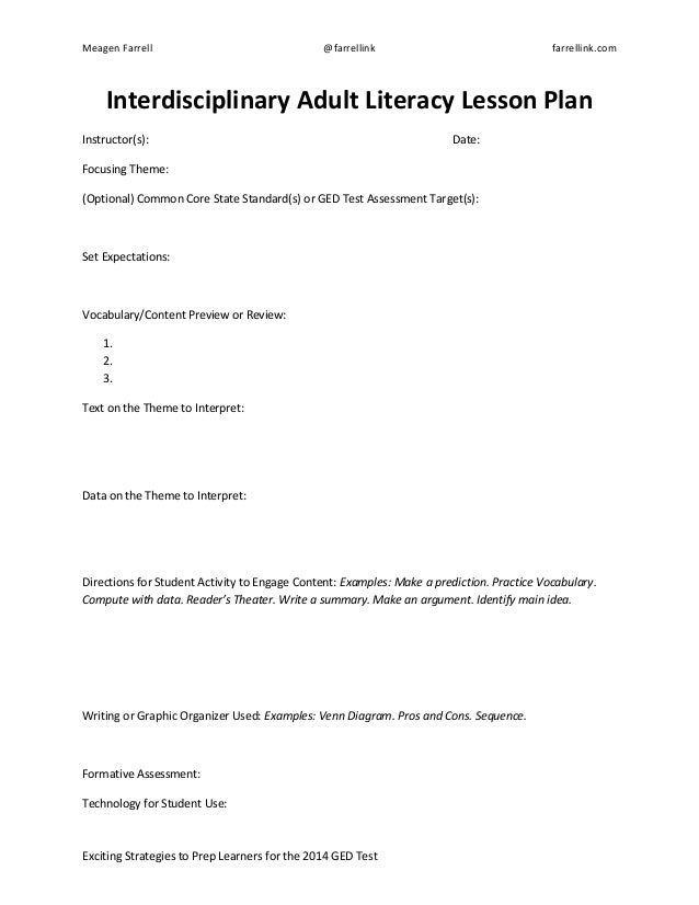 Adult Literacy Lesson Plan Sample Template