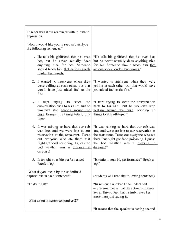 Lesson plan idiomatic expression by Rosalie Capillo | DOC