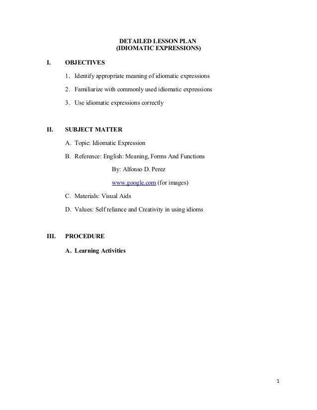 Lesson Plan Idiomatic Expression By Rosalie Capillo
