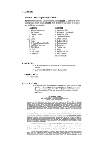 A. ACTIVITY
B. ANALYSIS
 1. What did you do to come-up with the right choice of
answer?
 2. What did you feel as you do the activity?
C. ABSTRACTION
 Discussion
D. APPLICATION
 Directions: Read and understand the selection given. Fill-in the table
provided below with the corresponding details that would be taken
from the selection. Write your answer on the space provided in
each item.
 