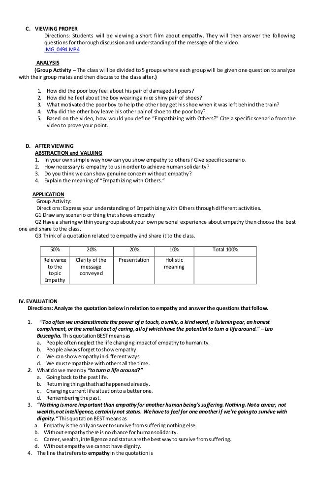 Lesson Plan In English 10 Quarter2 Lesson4 Empathizing With Others Lesson Plan In English 10 Quarter2 Lesson4 Empathizing With Others