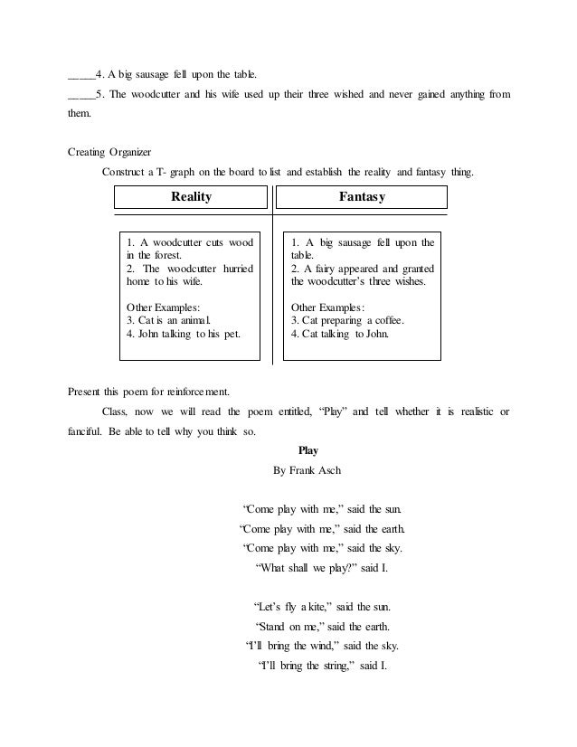 Lesson Plan In English 2 Reality Fantasy