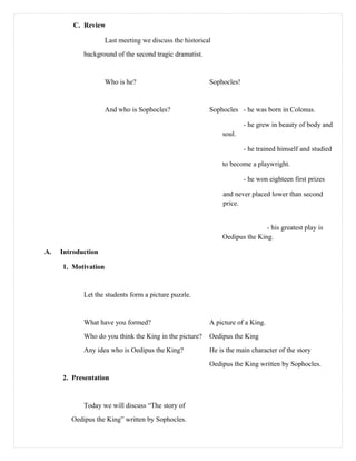 C. Review
Last meeting we discuss the historical
background of the second tragic dramatist.
Who is he? Sophocles!
And who is Sophocles? Sophocles - he was born in Colonus.
- he grew in beauty of body and
soul.
- he trained himself and studied
to become a playwright.
- he won eighteen first prizes
and never placed lower than second
price.
- his greatest play is
Oedipus the King.
A. Introduction
1. Motivation
Let the students form a picture puzzle.
What have you formed? A picture of a King.
Who do you think the King in the picture? Oedipus the King
Any idea who is Oedipus the King? He is the main character of the story
Oedipus the King written by Sophocles.
2. Presentation
Today we will discuss “The story of
Oedipus the King” written by Sophocles.
 