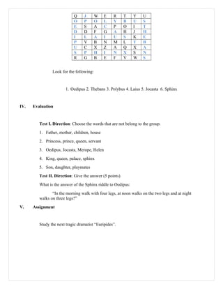 Q J W E R T Y U
O P O L Y B U S
E S A C P O I T
D D F G A H J H
I L A I U S K E
P V B N M L T B
U C X Z A Q X A
S P H I N X S N
R G B E F V W S
Look for the following:
1. Oedipus 2. Thebans 3. Polybus 4. Laius 5. Jocasta 6. Sphinx
IV. Evaluation
Test I. Direction: Choose the words that are not belong to the group.
1. Father, mother, children, house
2. Princess, prince, queen, servant
3. Oedipus, Jocasta, Merope, Helen
4. King, queen, palace, sphinx
5. Son, daughter, playmates
Test II. Direction: Give the answer (5 points)
What is the answer of the Sphinx riddle to Oedipus:
“In the morning walk with four legs, at noon walks on the two legs and at night
walks on three legs?”
V. Assignment
Study the next tragic dramatist “Euripides”.
 