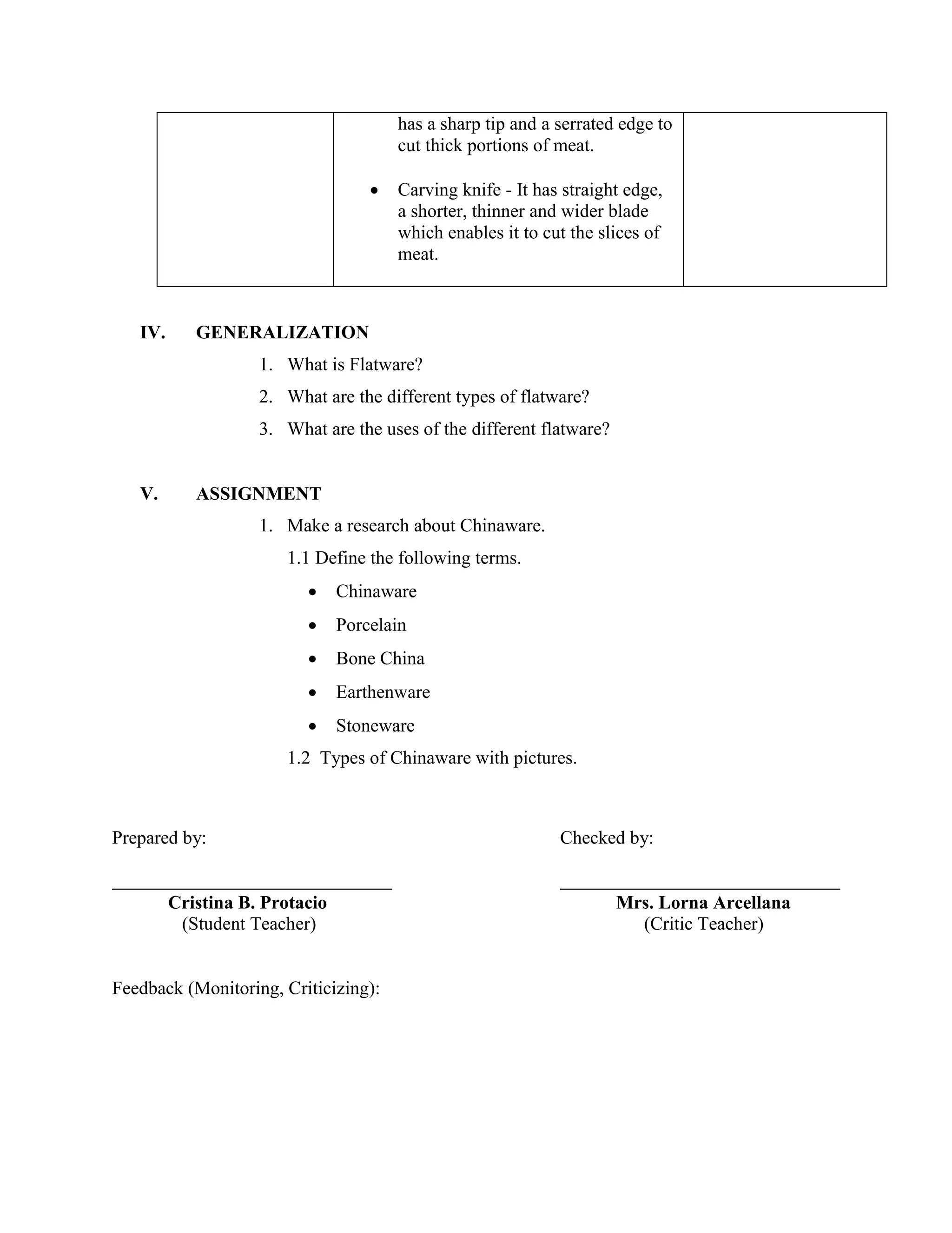 IV. GENERALIZATION 
1. What is Flatware? 
2. What are the different types of flatware? 
3. What are the uses of the different flatware? 
V. ASSIGNMENT 
1. Make a research about Chinaware. 
1.1 Define the following terms. 
 Chinaware 
 Porcelain 
 Bone China 
 Earthenware 
 Stoneware 
1.2 Types of Chinaware with pictures. 
Prepared by: Checked by: 
Cristina B. Protacio Mrs. Lorna Arcellana 
(Student Teacher) (Critic Teacher) 
Feedback (Monitoring, Criticizing): 
has a sharp tip and a serrated edge to 
cut thick portions of meat. 
 Carving knife - It has straight edge, 
a shorter, thinner and wider blade 
which enables it to cut the slices of 
meat. 
