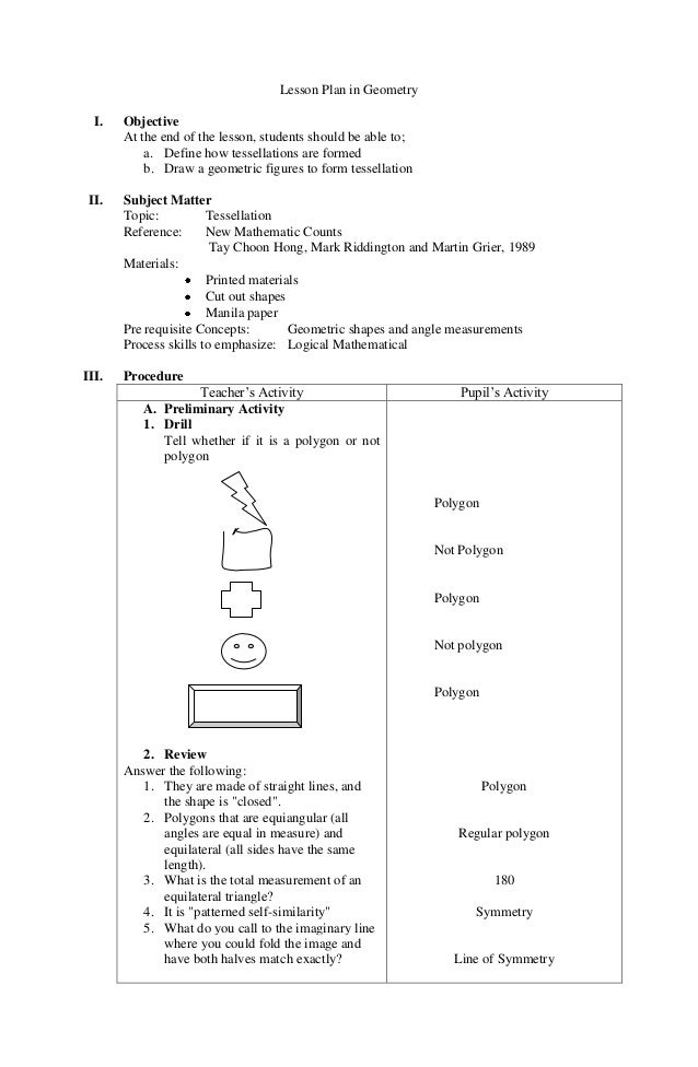 lesson plan in elementary geometry