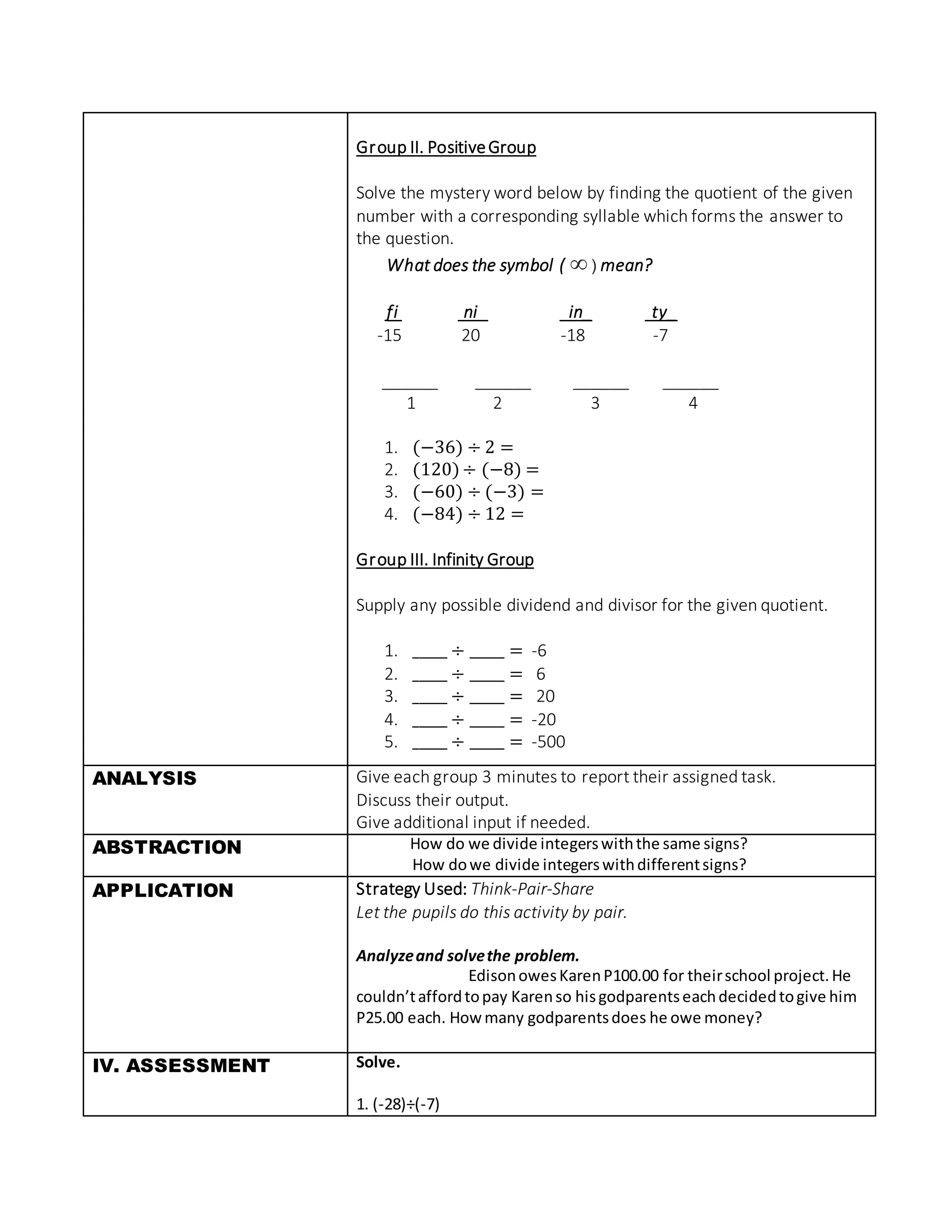 Lesson Plan in Math 6 for Demo-Teaching [Division of Integers] | DOCX