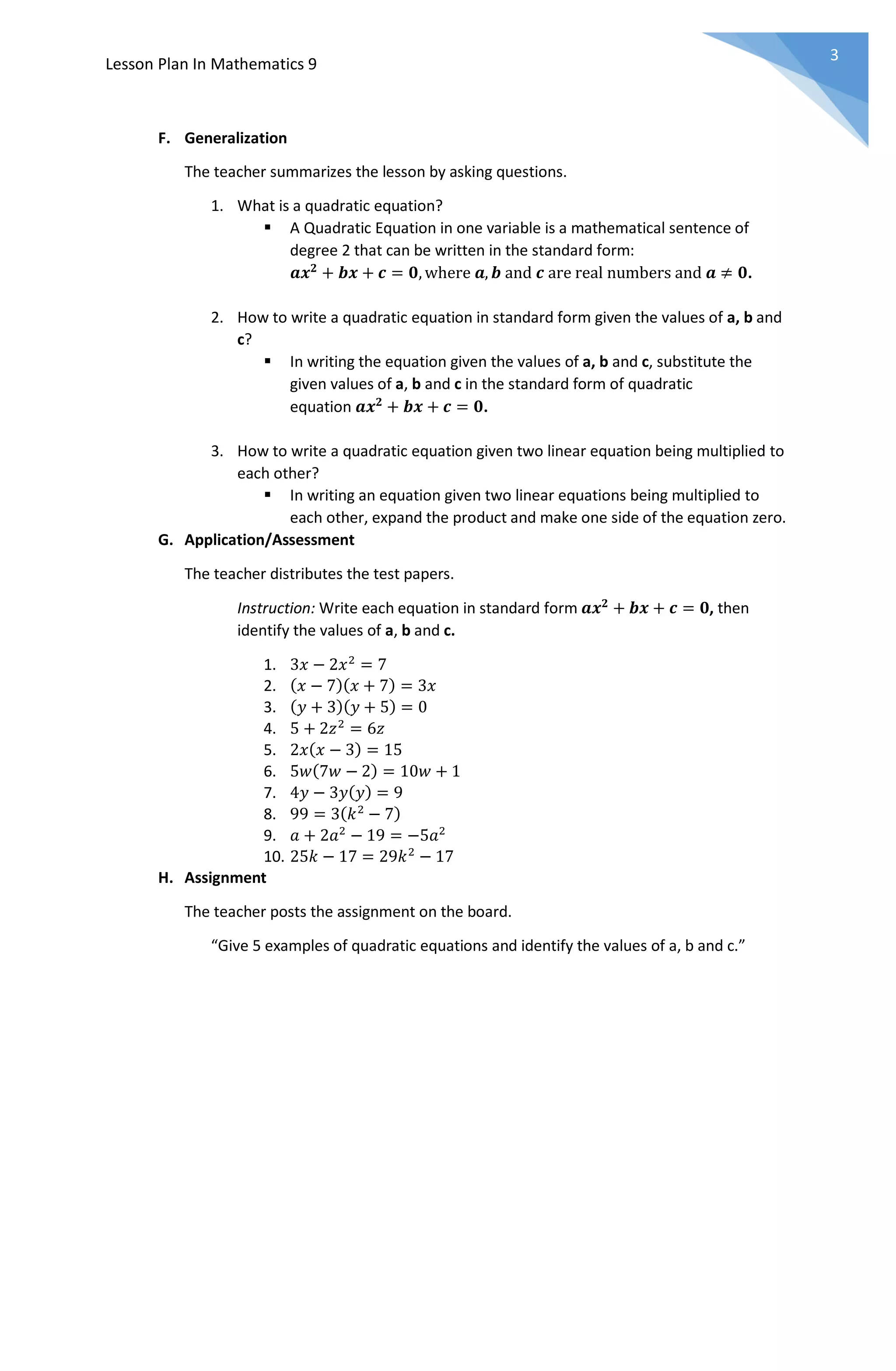 Lesson plan in mathematics 9 (illustrations of quadratic equations) | PDF
