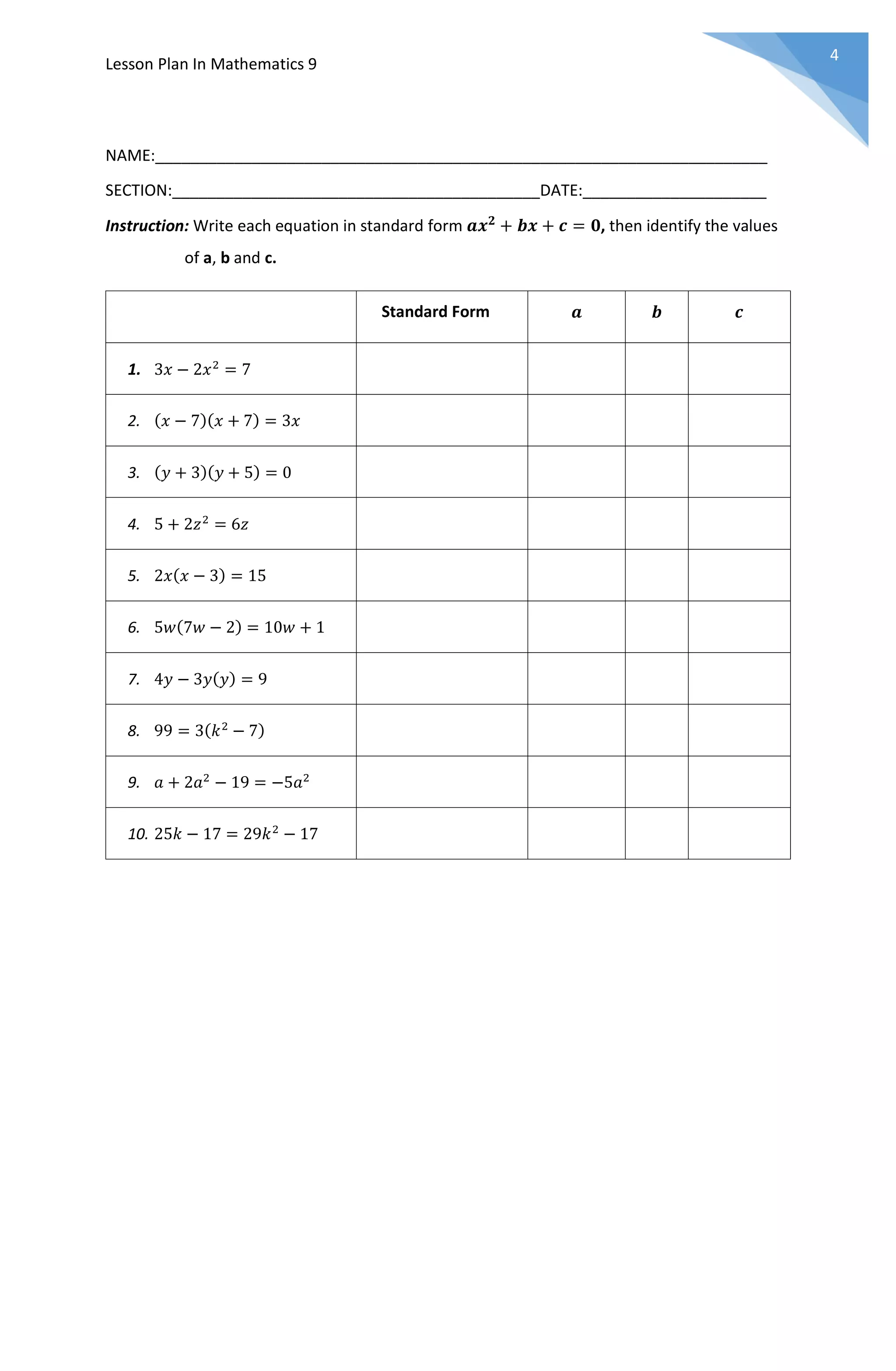 Lesson plan in mathematics 9 (illustrations of quadratic equations) | PDF