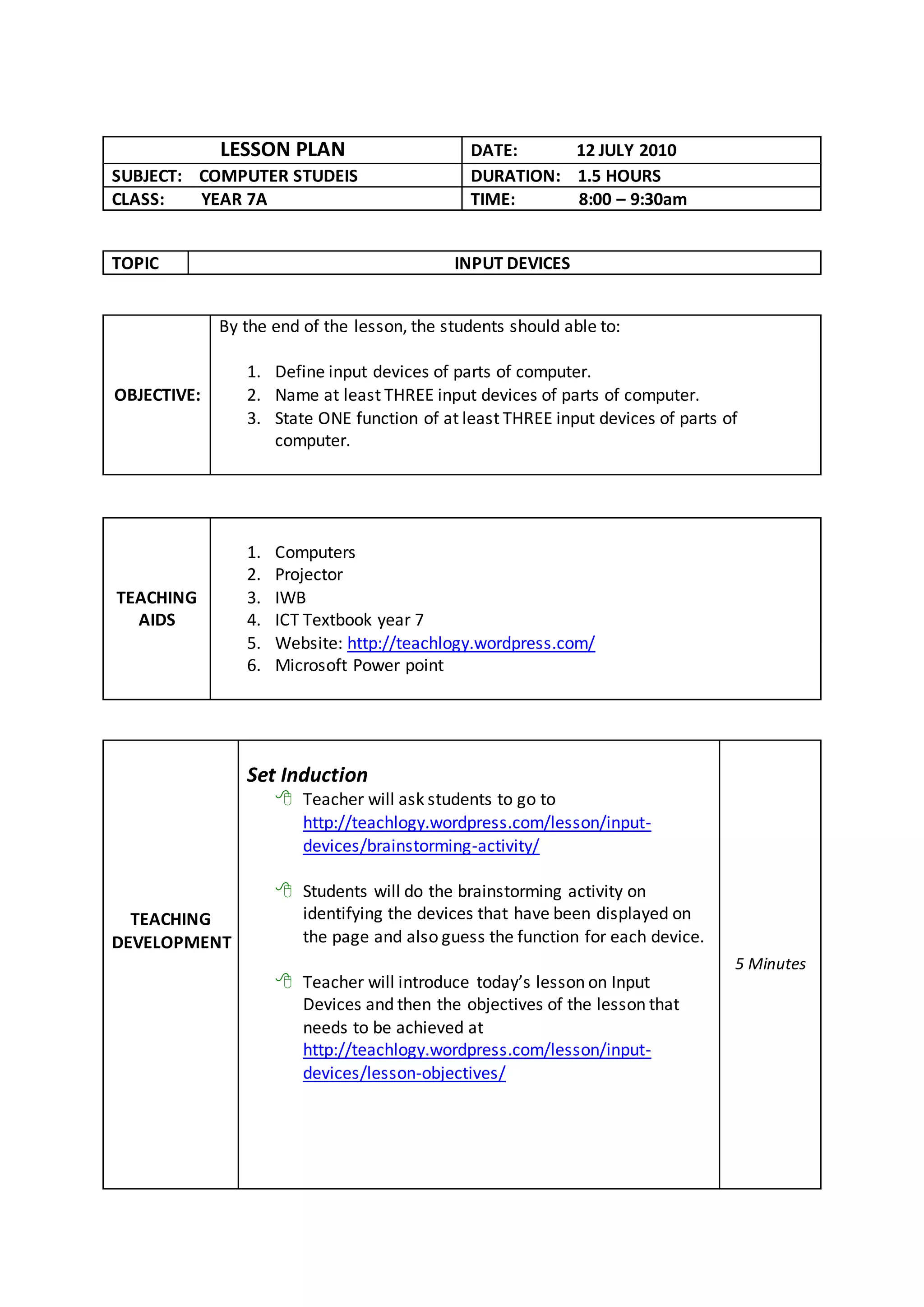 Lesson plan input devices | DOCX