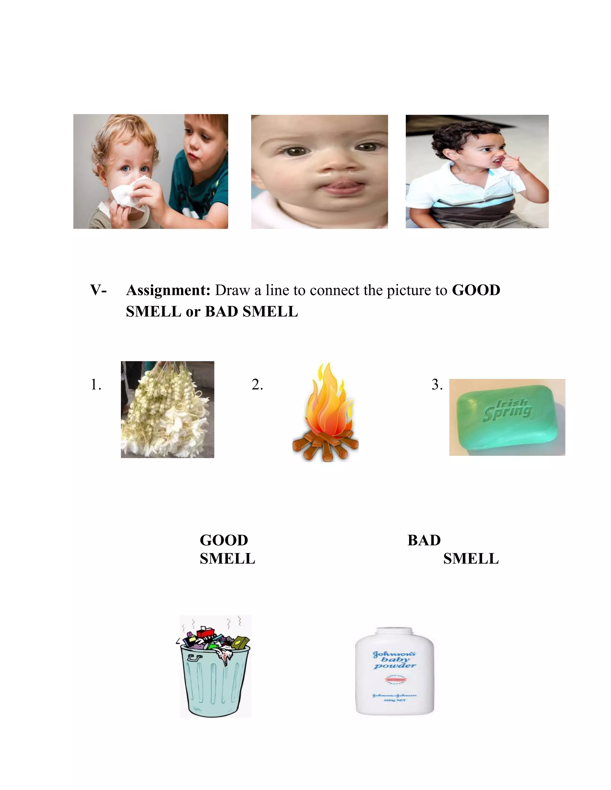 V- Assignment: Draw a line to connect the picture to GOOD
SMELL or BAD SMELL
1. 2. 3.
GOOD BAD
SMELL SMELL
4. 5.
 