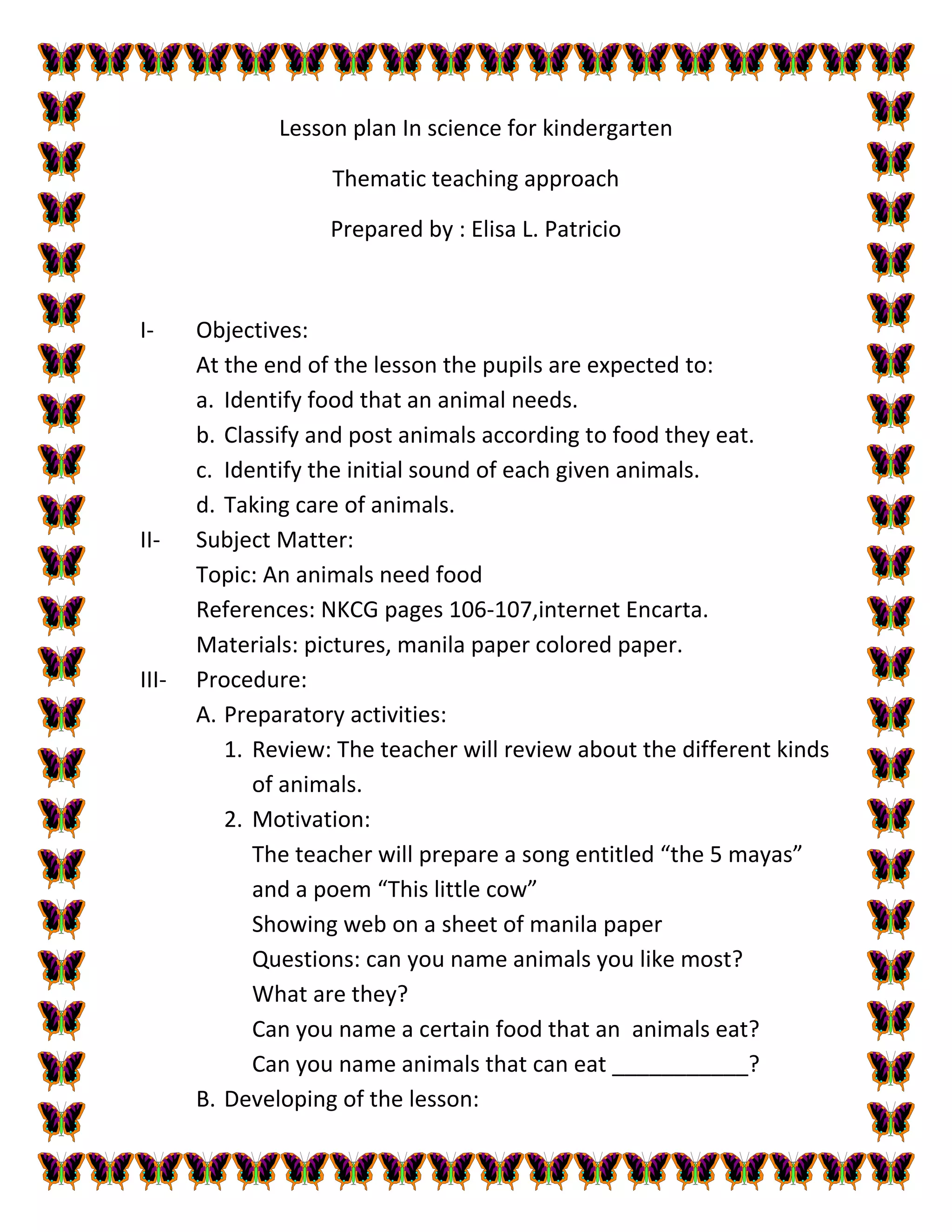 Lesson plan in science for kindergarten patricio | DOCX