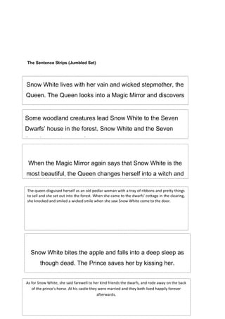 The Sentence Strips (Jumbled Set)
Snow White lives with her vain and wicked stepmother, the
Queen. The Queen looks into a Magic Mirror and discovers
that Snow White is “the fairest of them all.”
Some woodland creatures lead Snow White to the Seven
Dwarfs’ house in the forest. Snow White and the Seven
Dwarfs soon become friends.
When the Magic Mirror again says that Snow White is the
most beautiful, the Queen changes herself into a witch and
Snow White bites the apple and falls into a deep sleep as
though dead. The Prince saves her by kissing her.
As for Snow White, she said farewell to her kind friends the dwarfs, and rode away on the back
of the prince's horse. At his castle they were married and they both lived happily forever
afterwards.
The queen disguised herself as an old pedlar woman with a tray of ribbons and pretty things
to sell and she set out into the forest. When she came to the dwarfs' cottage in the clearing,
she knocked and smiled a wicked smile when she saw Snow White come to the door.
 