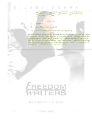 __ comic strips      __ projects __ illustration      __ painting/drawing
            __ portfolio         __ games    _questionnaire      __ anecdotic record
            __oral reports       __ skit




    X.      Homework:

    XI.     Special Accommodations offered:

    XII.    Teacher’s Reflections (material, method, and objectives):

The group was almost uncontrollable. I don’t know what exactly happened. It was me, that’s obvious.
It’s always me. That never fails. Almeda tells me to win them over, but I always see that the ones
that always interrupt the class are the same ones. The others have been won over. On the other
hand, the “charlatan” ones have not and I can’t seem to win them over. I need more methods to win
them. I need to change my approach and the way I give my class. How can I be more dynamic and
constructivist? I need help with this. I sometimes feel alone.
 