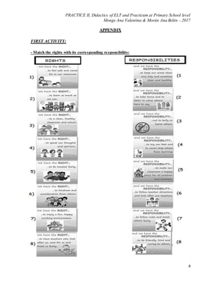 PRACTICE II, Didactics of ELT and Practicum at Primary School level
Monge Ana Valentina & Morán Ana Belén - 2017
4
APPENDIX
FIRST ACTIVITY:
- Match the rights with its corresponding responsibility:
 