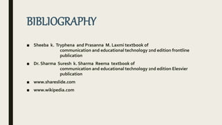 BIBLIOGRAPHY
■ Sheeba k. Tryphena and Prasanna M. Laxmi textbook of
communication and educational technology 2nd edition frontline
publication
■ Dr. Sharma Suresh k. Sharma Reema textbook of
communication and educational technology 2nd edition Elesvier
publication
■ www.shareslide.com
■ www.wikipedia.com
 