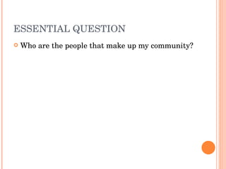 ESSENTIAL QUESTION Who are the people that make up my community?   