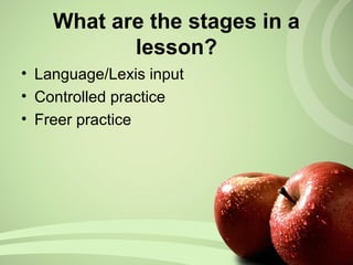 • Language/Lexis input
• Controlled practice
• Freer practice
What are the stages in a
lesson?
 