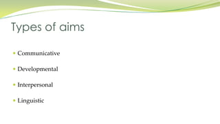 Types of aims
Communicative
Developmental
Interpersonal
Linguistic