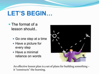 LET’S BEGIN…
 The format of a
lesson should..
 Go one step at a time
 Have a picture for
every step
 Have a minimal
re...