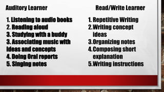 Auditory Learner
1. Listening to audio books
2. Reading aloud
3. Studying with a buddy
3. Associating music with
ideas and concepts
4. Doing Oral reports
5. Singing notes
Read/Write Learner
1. Repetitive Writing
2.Writing concept
ideas
3.Organizing notes
4.Composing short
explanation
5.Writing instructions
 