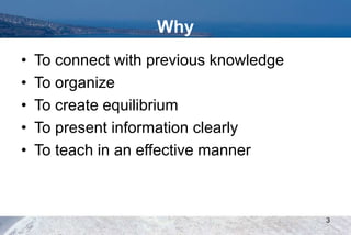 Why
• To connect with previous knowledge
• To organize
• To create equilibrium
• To present information clearly
• To teach in an effective manner
3
 