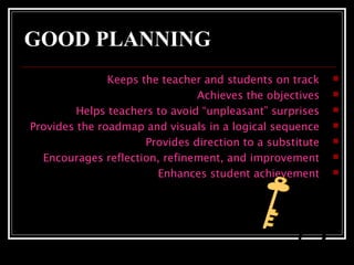 GOOD PLANNING 
Keeps the teacher and students on track  
Achieves the objectives  
Helps teachers to avoid “unpleasant” surprises  
Provides the roadmap and visuals in a logical sequence  
Provides direction to a substitute  
Encourages reflection, refinement, and improvement  
Enhances student achievement  
 