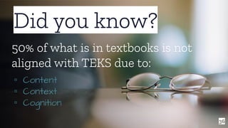 36
Did you know?
50% of what is in textbooks is not
aligned with TEKS due to:
▫ Content
▫ Context
▫ Cognition
 