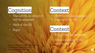 Content
▫ WHAT will be assessed
▫ Noun modiﬁed by the
verb in the SE
Context
▫ HOW it will be assessed
▫ Details of the SE
37
Cognition
▫ The LEVEL to which it
will be assessed
▫ Verb of the SE
▫ Rigor
Margaret Kilgo: All TEKS have the 3 Cs.
Confused by a word in the TEKS?
Look it up in the dictionary!
 