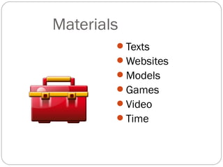 Materials
        Texts
        Websites
        Models
        Games
        Video
        Time
 