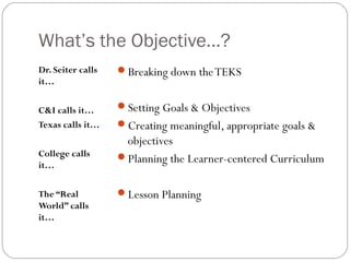 What’s the Objective…?
Dr. Seiter calls   Breaking down the TEKS
it…

C&I calls it…      Setting Goals & Objectives
Texas calls it…    Creating meaningful, appropriate goals &
                    objectives
College calls      Planning the Learner-centered Curriculum
it…

The “Real          Lesson Planning
World” calls
it…
 