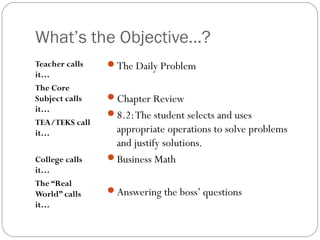 What’s the Objective…?
Teacher calls   The Daily Problem
it…
The Core
Subject calls   Chapter Review
it…
                8.2: The student selects and uses
TEA/TEKS call
it…              appropriate operations to solve problems
                 and justify solutions.
College calls   Business Math
it…
The “Real
World” calls    Answering the boss’ questions
it…
 