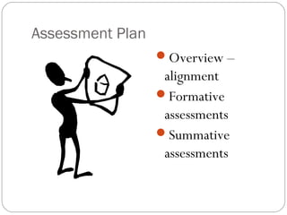 Assessment Plan
                  Overview –
                   alignment
                  Formative
                   assessments
                  Summative
                   assessments
 