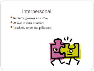 Interpersonal
Interacts effectively with others
At ease in social situations
Teachers, actors and politicians
 