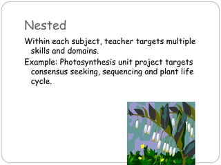 Nested
Within each subject, teacher targets multiple
 skills and domains.
Example: Photosynthesis unit project targets
 consensus seeking, sequencing and plant life
 cycle.
 