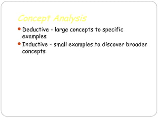 Concept Analysis
Deductive - large concepts to specific
 examples
Inductive - small examples to discover broader
 concepts
 